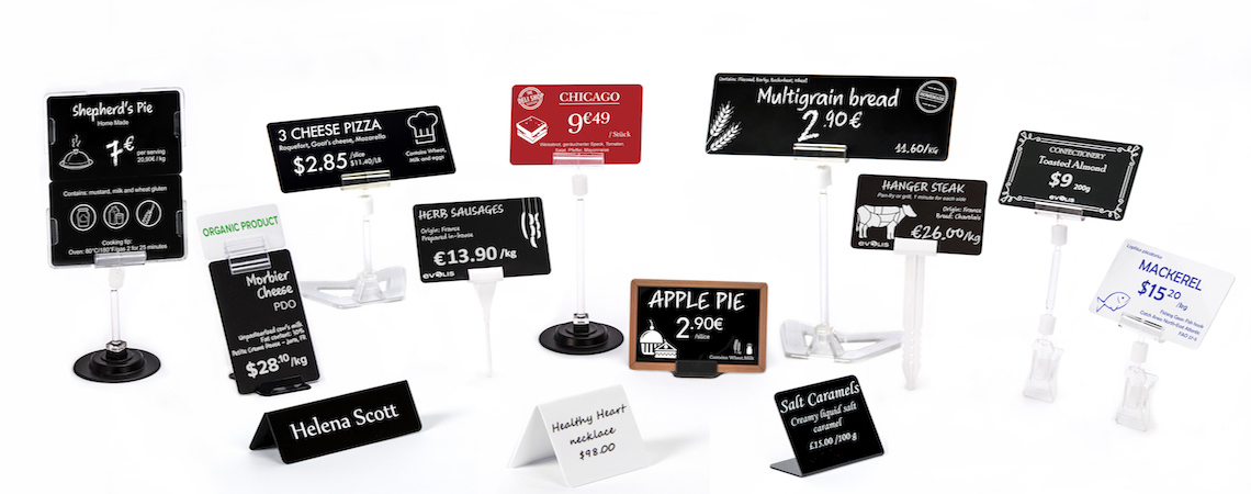 A collection of appealing price cards in different shapes, sizes and designs